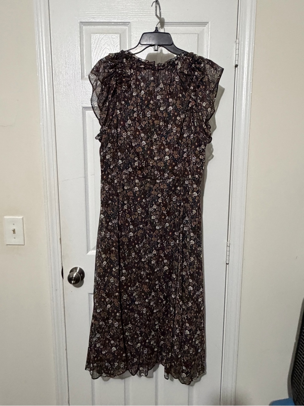 Tommy Hilfiger Brown Floral Midi Dress with Ruffle Shoulders